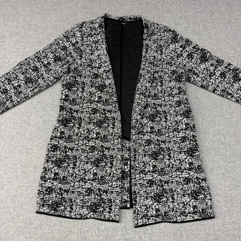Alfani Cardigan Jacket XL Black White Textured Open Front Longline Pockets Knit